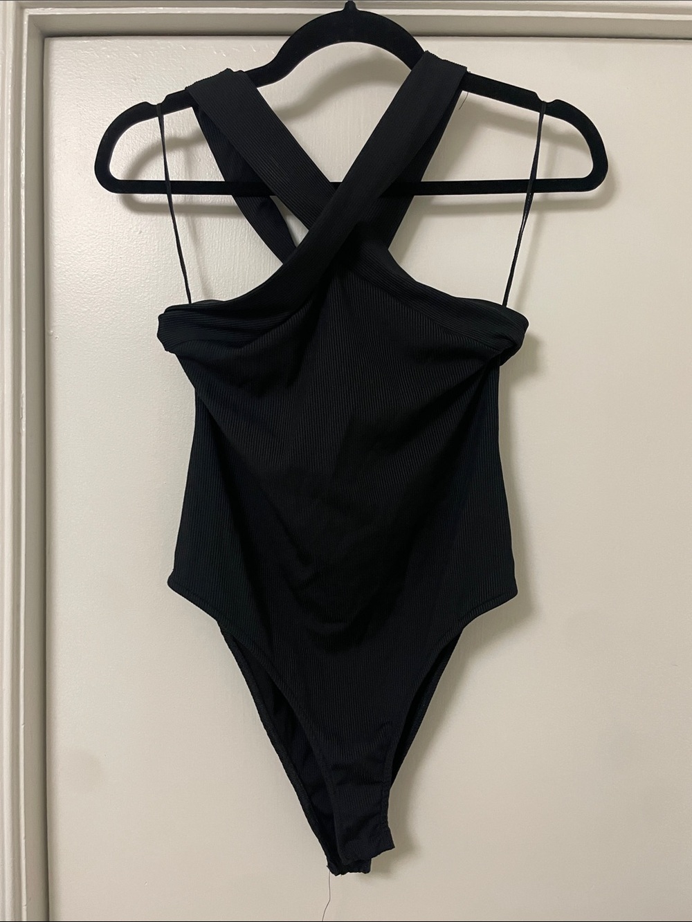 Zara Black Ribbed Cross-Back Bodysuit